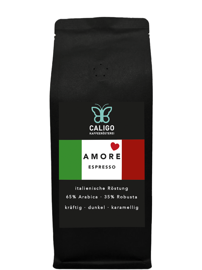 Amore Espresso von der Caligo Kaffeerösterei in einer schwarzen Kaffeetüte