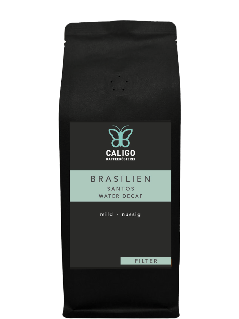 Santos, Spezialitätenkaffee aus Brasilien, entkoffeinierter Filterkaffee water decaf von der Caligo Kaffeerösterei Ahrensburg in einer schwarzen Tüte