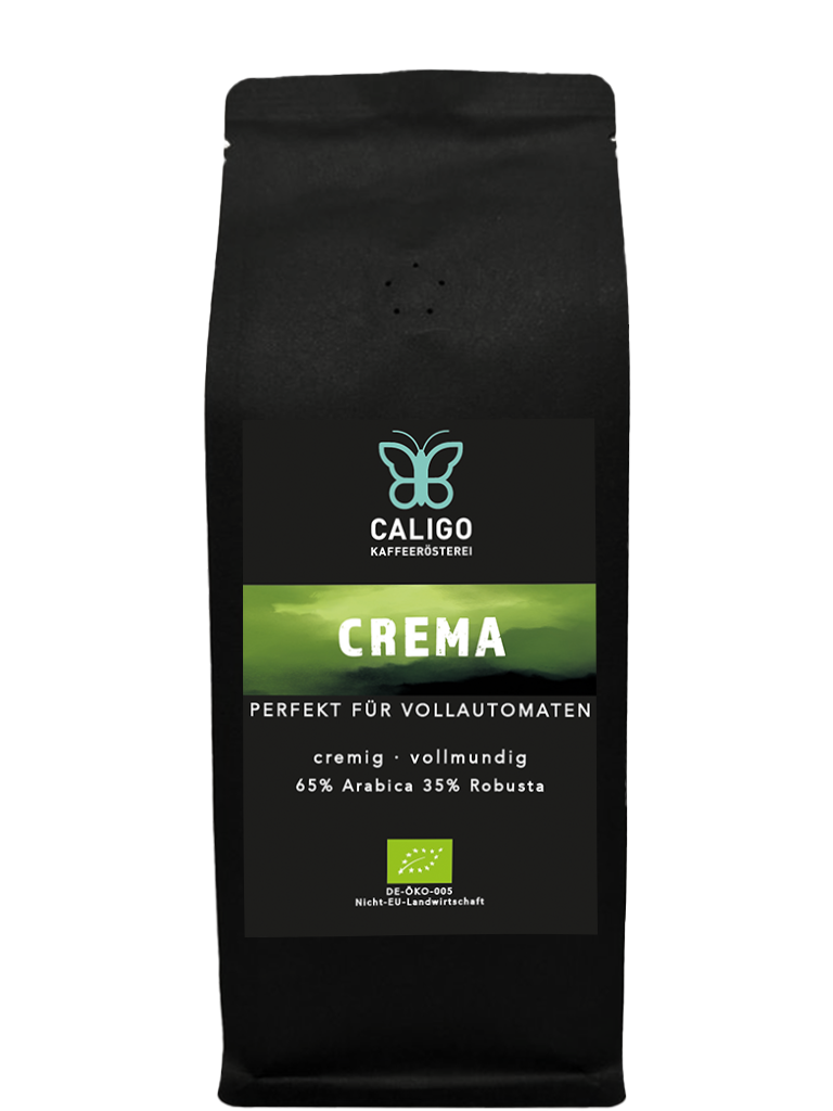 Bio Crema Kaffee für Vollautomaten von Caligo Kaffeerösterei in schwarzer Kaffeetüte