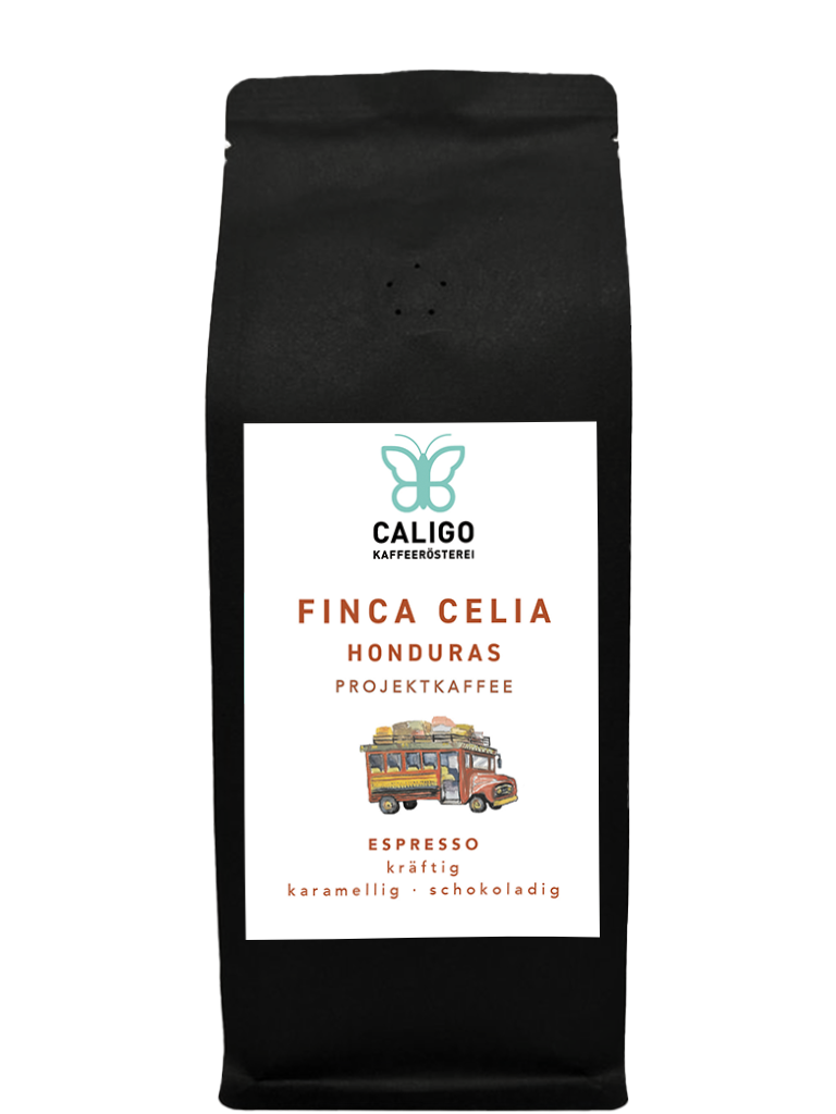 Finca Celia Projektkaffee aus Honduras, Espresso von der Caligo Kaffeerösterei in einer schwarzen Kaffeetüte