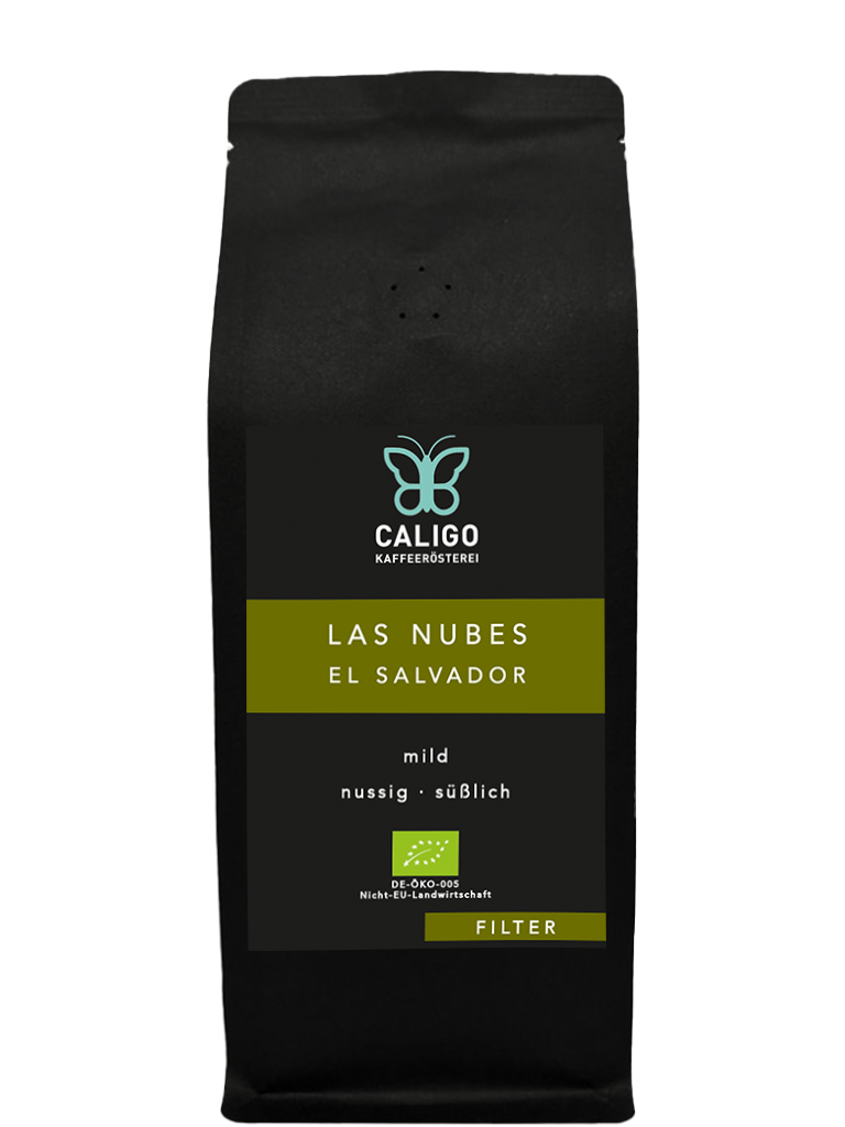 Las Nubes Bio Filterkaffee aus El Salvador, von der Caligo Kaffeerösterei in einer schwarzen Kaffeetüte