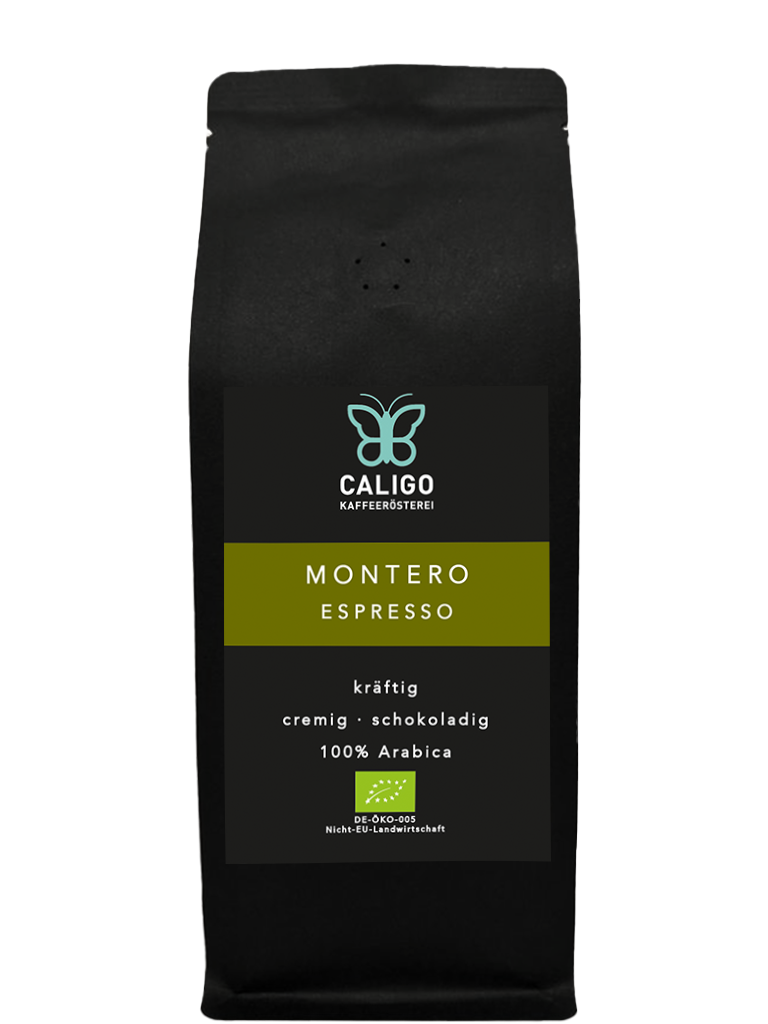 Caligo Montero Espresso BIO – geröstete Kaffeebohnen, Espresso in schwarzer Tüte 100% Arabica