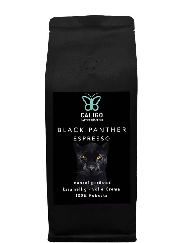 Black Panther Espresso - Caligo Kaffeerösterei - schwarze Kaffeetüte