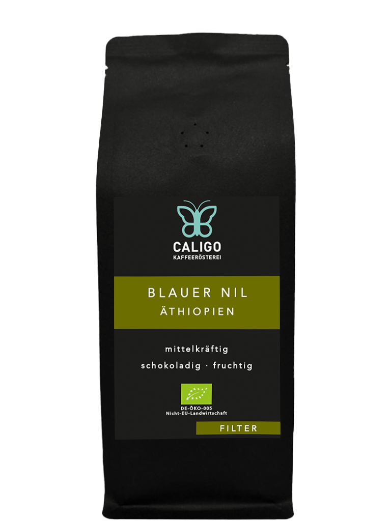 Blauer Nil Bio Filterkaffee aus Äthiopien,  von der Caligo Kaffeerösterei in einer schwarzen Kaffeetüte