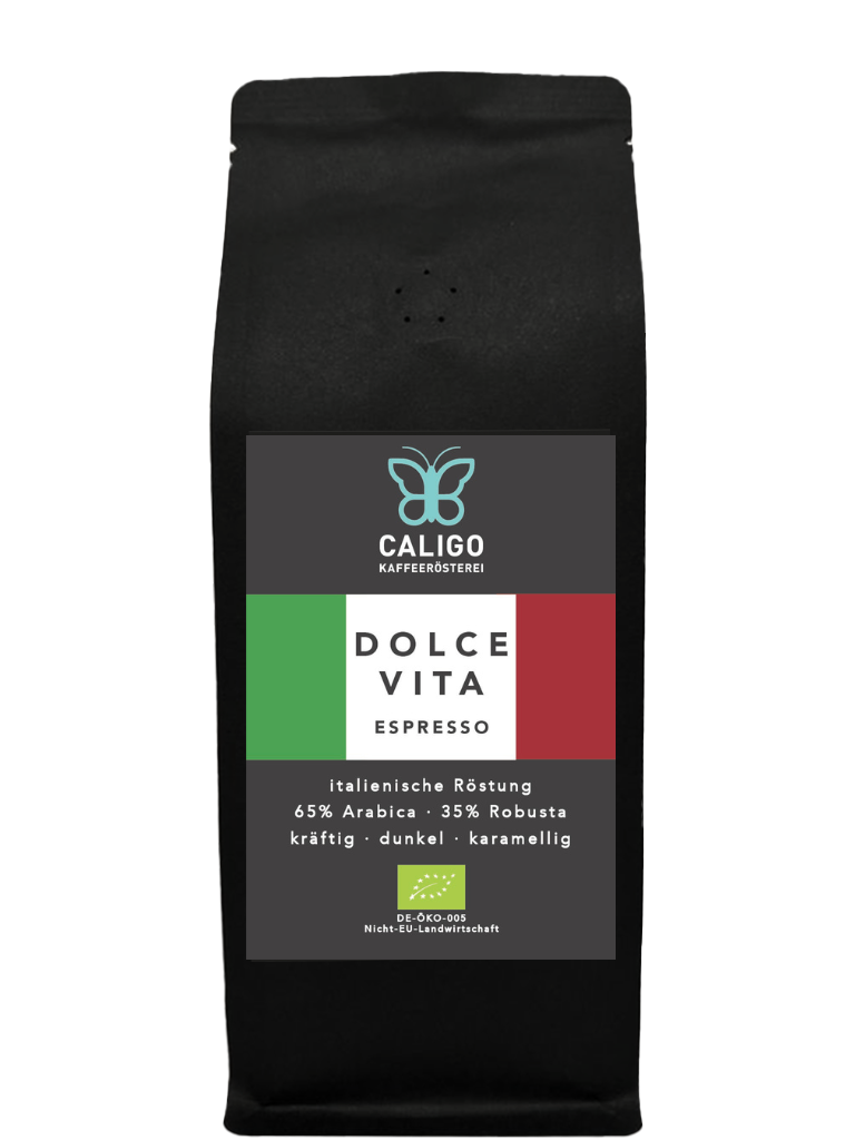Dolce Vita Bio Espresso - Caligo Kaffeerösterei - schwarze Kaffeetüte