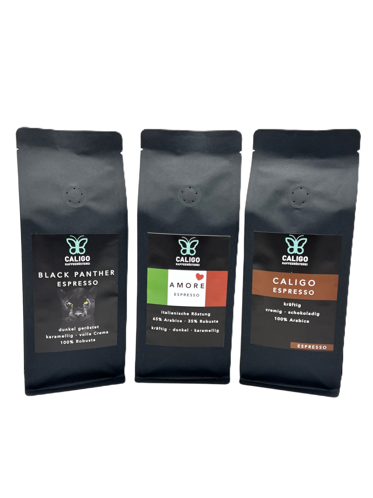 Probier-Set Espresso Caligo Kaffeerösterei, drei Espresso Sorten - Black Panther Espresso, Amore, Caligo Espresso, drei schwarze Kaffeetüten