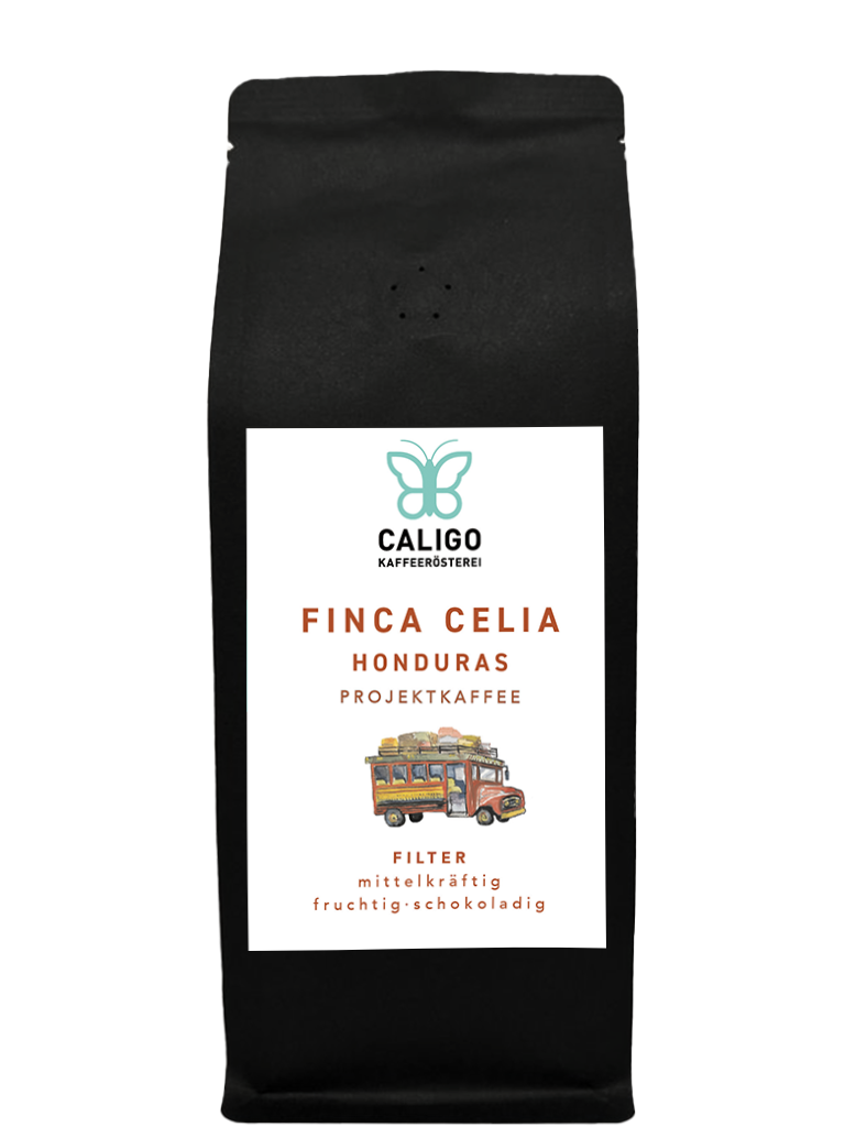 Finca Celia Projektkaffee aus Honduras, Filterkaffee von der Caligo Kaffeerösterei in einer schwarzen Kaffeetüte