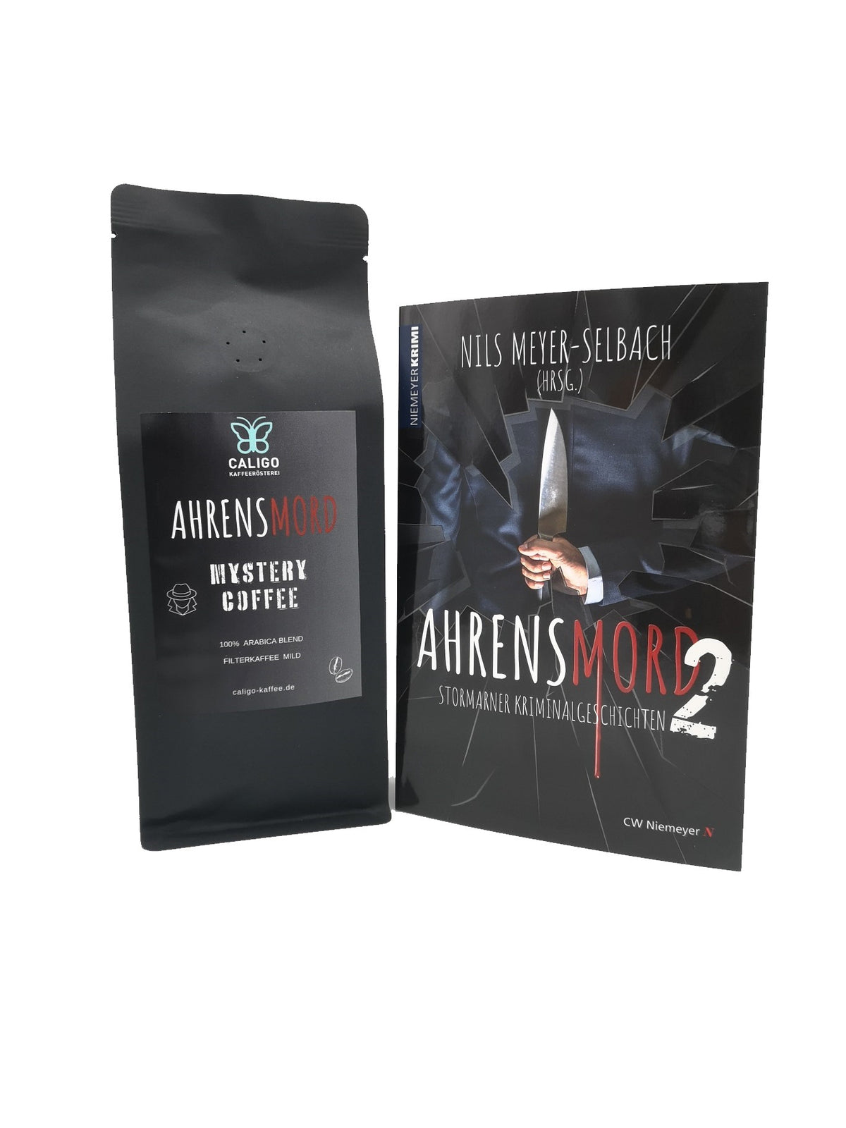 Coffee & Crime Geschenkset, Ahrensmord Mystery Coffee der Caligo Kaffeerösterei mit Ahrensmord 2 Buch - Nils Meyer-Selbach