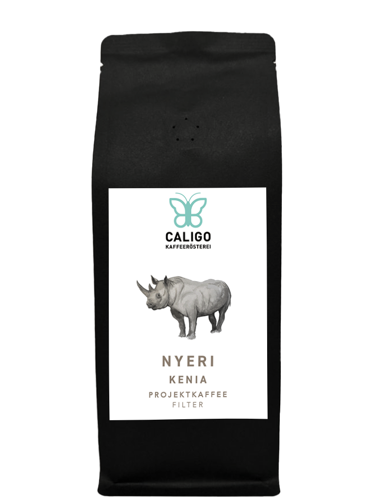 Nyeri Projektkaffee aus Kenia, Filterkaffee von der Caligo Kaffeerösterei in einer schwarzen Kaffeetüte