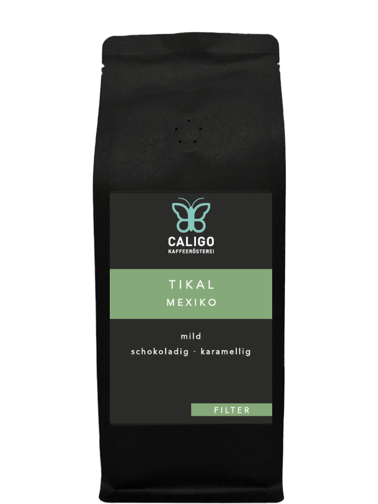 Tikal Mexiko Filterkaffee der Caligo Kaffeerösterei in einer schwarzen Kaffeetüte